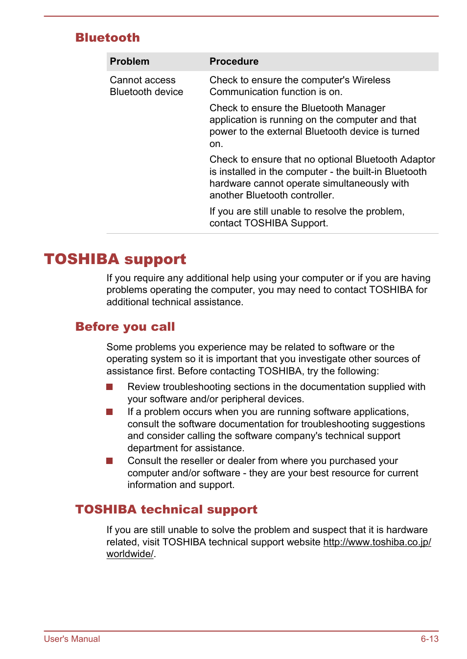 Bluetooth, Toshiba support, Before you call | Toshiba technical support, Toshiba support -13 | Toshiba WT310 User Manual | Page 110 / 131