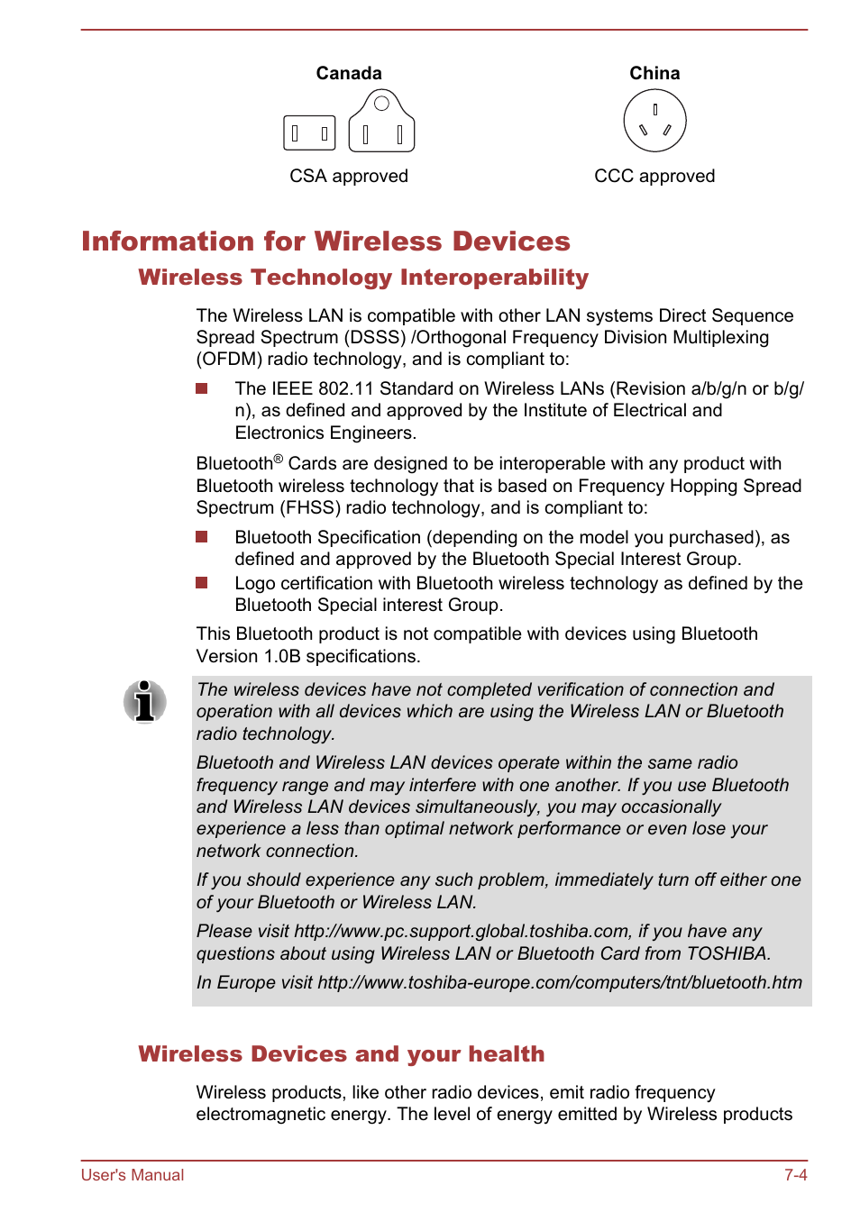 Information for wireless devices, Wireless technology interoperability, Wireless devices and your health | Information for wireless devices -4 | Toshiba WT310 User Manual | Page 114 / 131