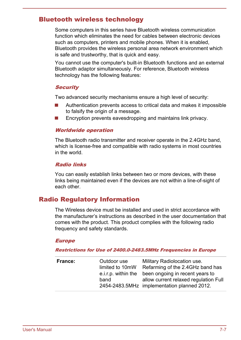 Bluetooth wireless technology, Radio regulatory information | Toshiba WT310 User Manual | Page 117 / 131