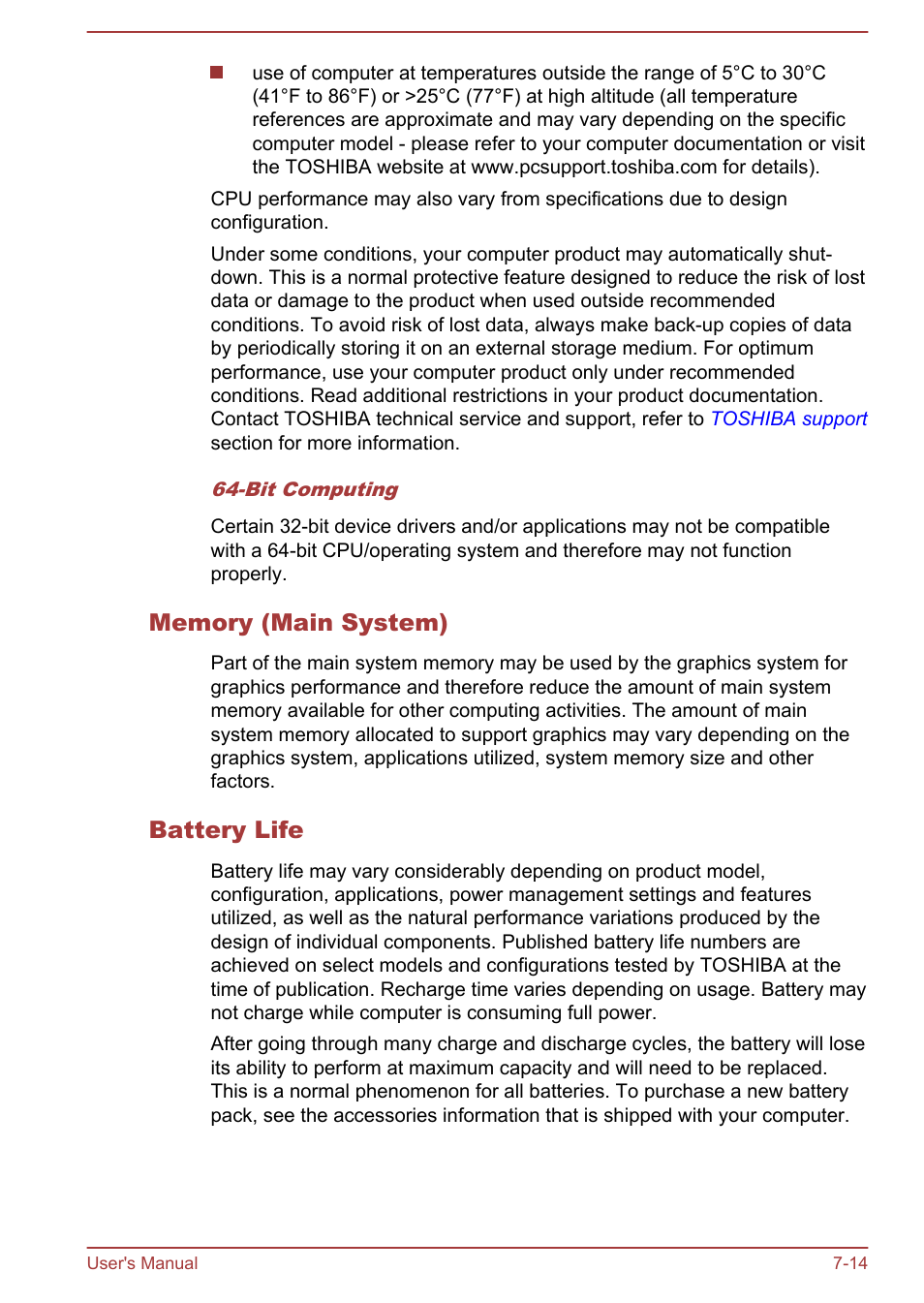 Memory (main system), Battery life | Toshiba WT310 User Manual | Page 124 / 131