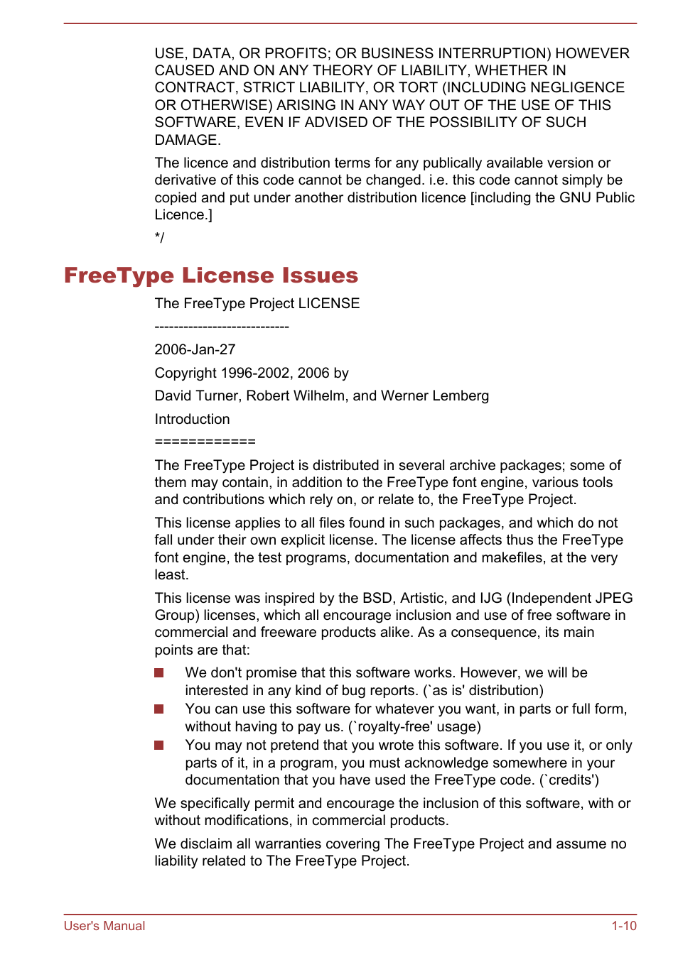 Freetype license issues, Freetype license issues -10 | Toshiba WT310 User Manual | Page 13 / 131
