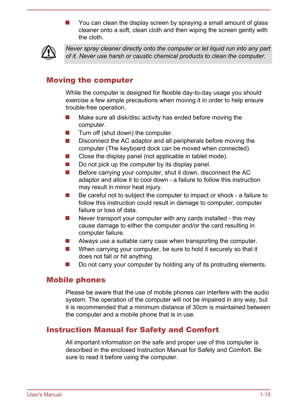 Moving the computer, Mobile phones, Instruction manual for safety and comfort | Toshiba WT310 User Manual | Page 18 / 131