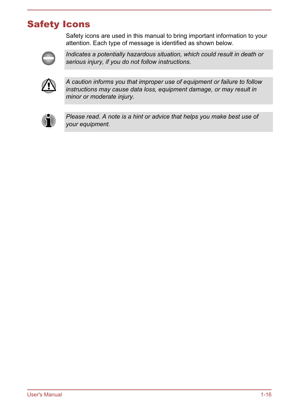 Safety icons, Safety icons -16 | Toshiba WT310 User Manual | Page 19 / 131
