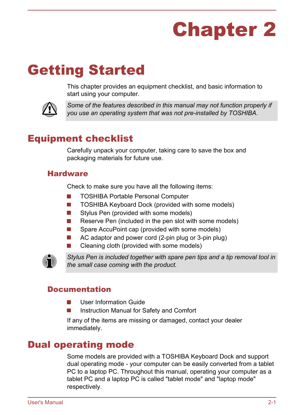 Chapter 2 getting started, Equipment checklist, Hardware | Documentation, Dual operating mode, Chapter 2, Getting started, Equipment checklist -1 dual operating mode -1 | Toshiba WT310 User Manual | Page 20 / 131