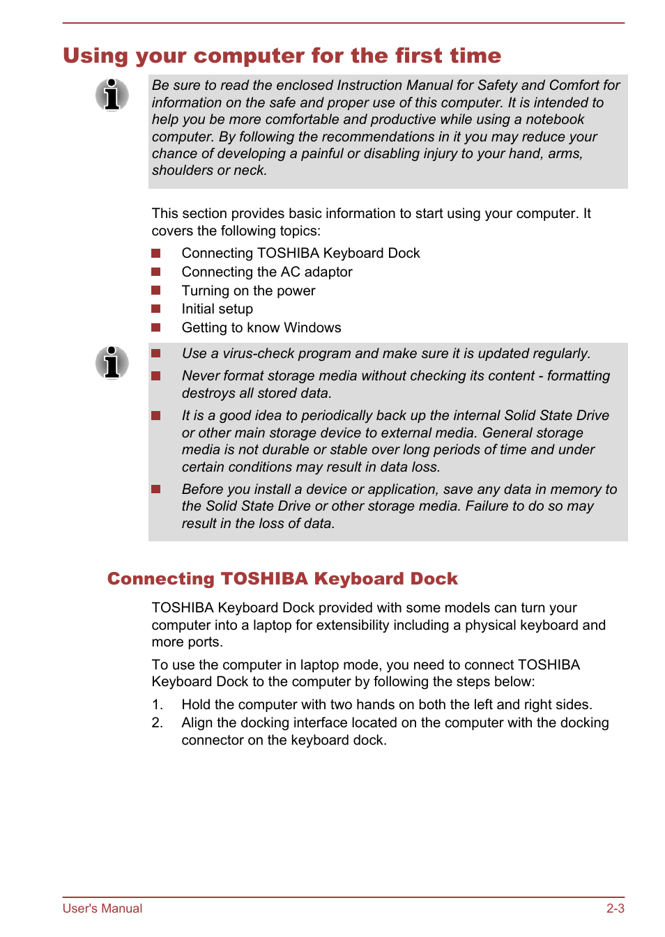 Using your computer for the first time, Connecting toshiba keyboard dock, Using your computer for the first time -3 | Toshiba WT310 User Manual | Page 22 / 131