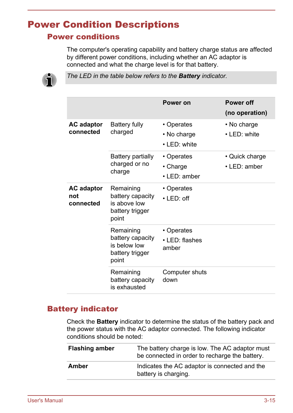 Power condition descriptions, Power conditions, Battery indicator | Power condition descriptions -15 | Toshiba WT310 User Manual | Page 48 / 131