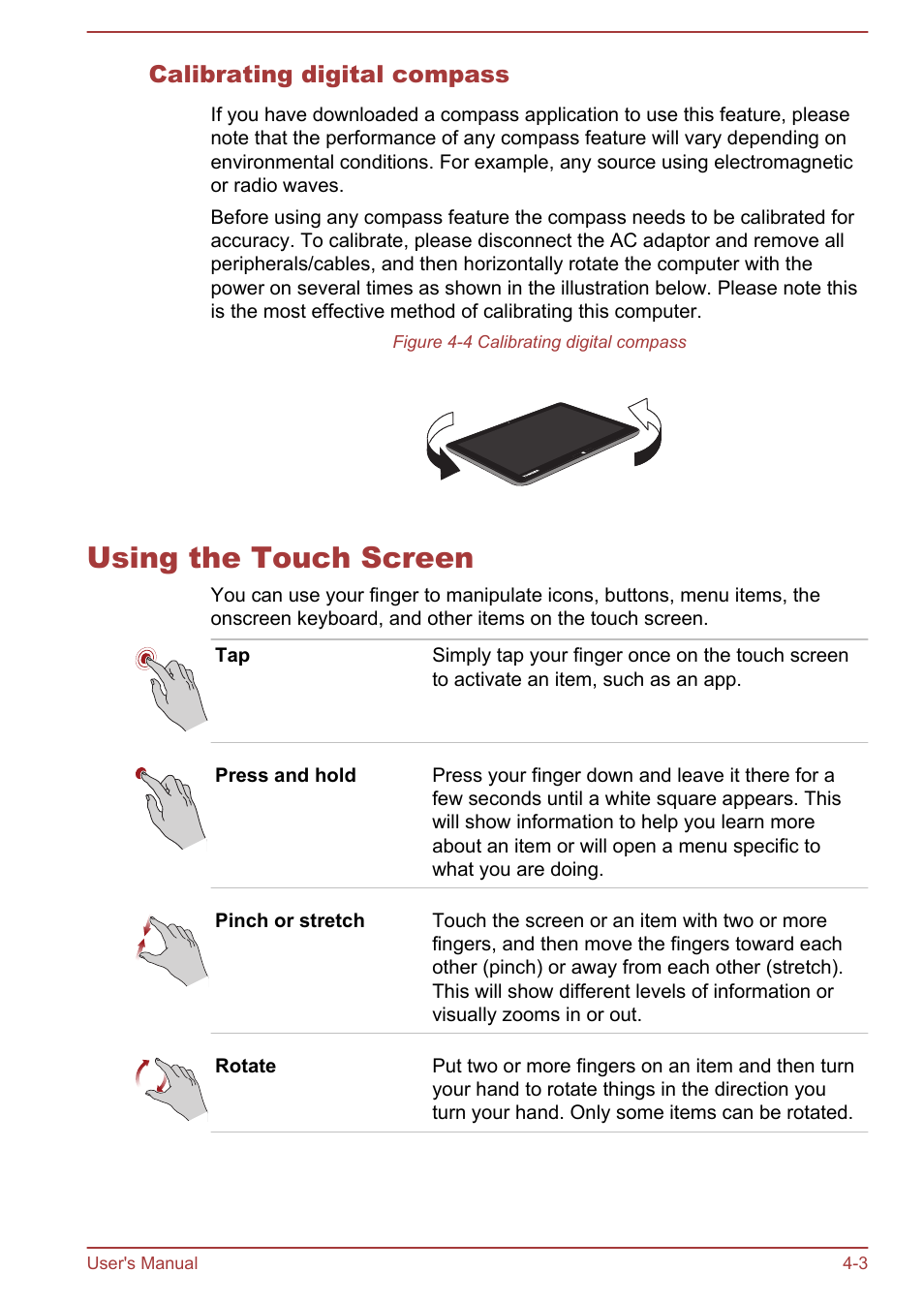 Calibrating digital compass, Using the touch screen, Using the touch screen -3 | Toshiba WT310 User Manual | Page 52 / 131