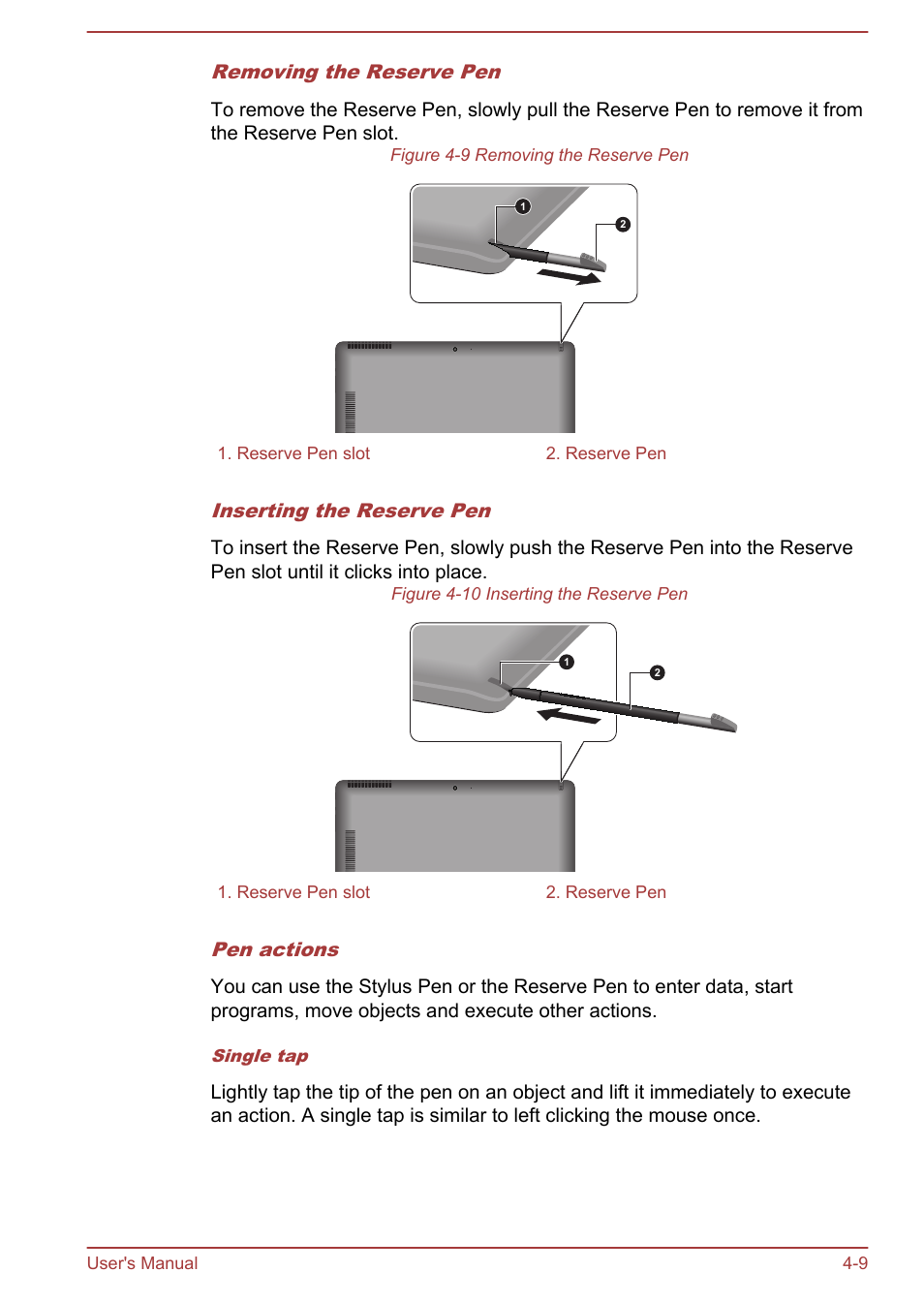 Removing the reserve pen, Inserting the reserve pen, Pen actions | Toshiba WT310 User Manual | Page 58 / 131