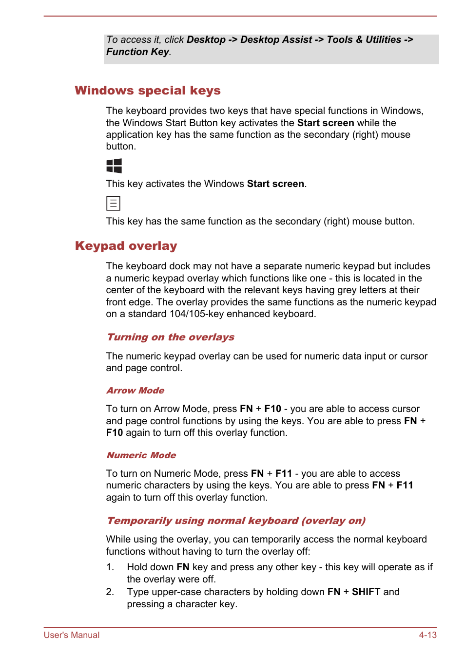 Windows special keys, Keypad overlay | Toshiba WT310 User Manual | Page 62 / 131