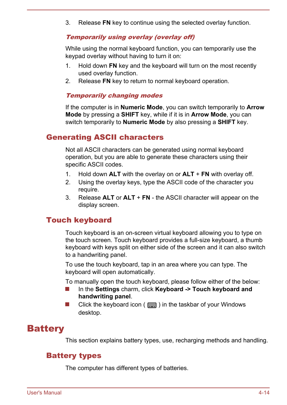 Generating ascii characters, Touch keyboard, Battery | Battery types, Battery -14 | Toshiba WT310 User Manual | Page 63 / 131