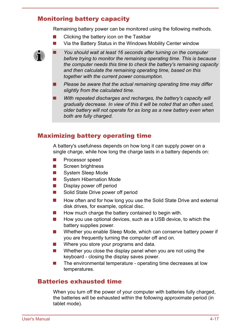 Monitoring battery capacity, Maximizing battery operating time, Batteries exhausted time | Toshiba WT310 User Manual | Page 66 / 131