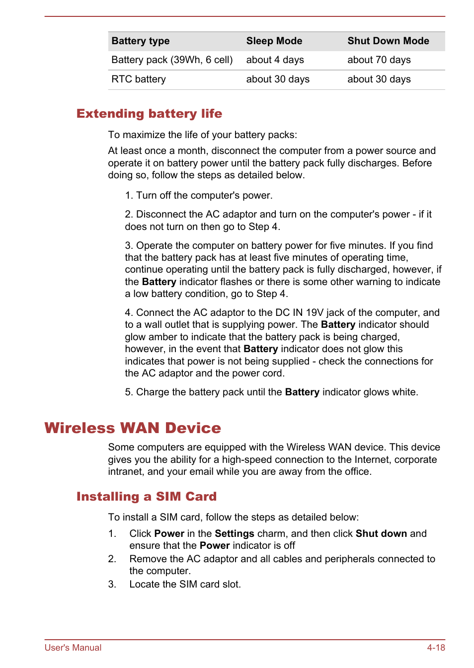 Extending battery life, Wireless wan device, Installing a sim card | Wireless wan device -18 | Toshiba WT310 User Manual | Page 67 / 131