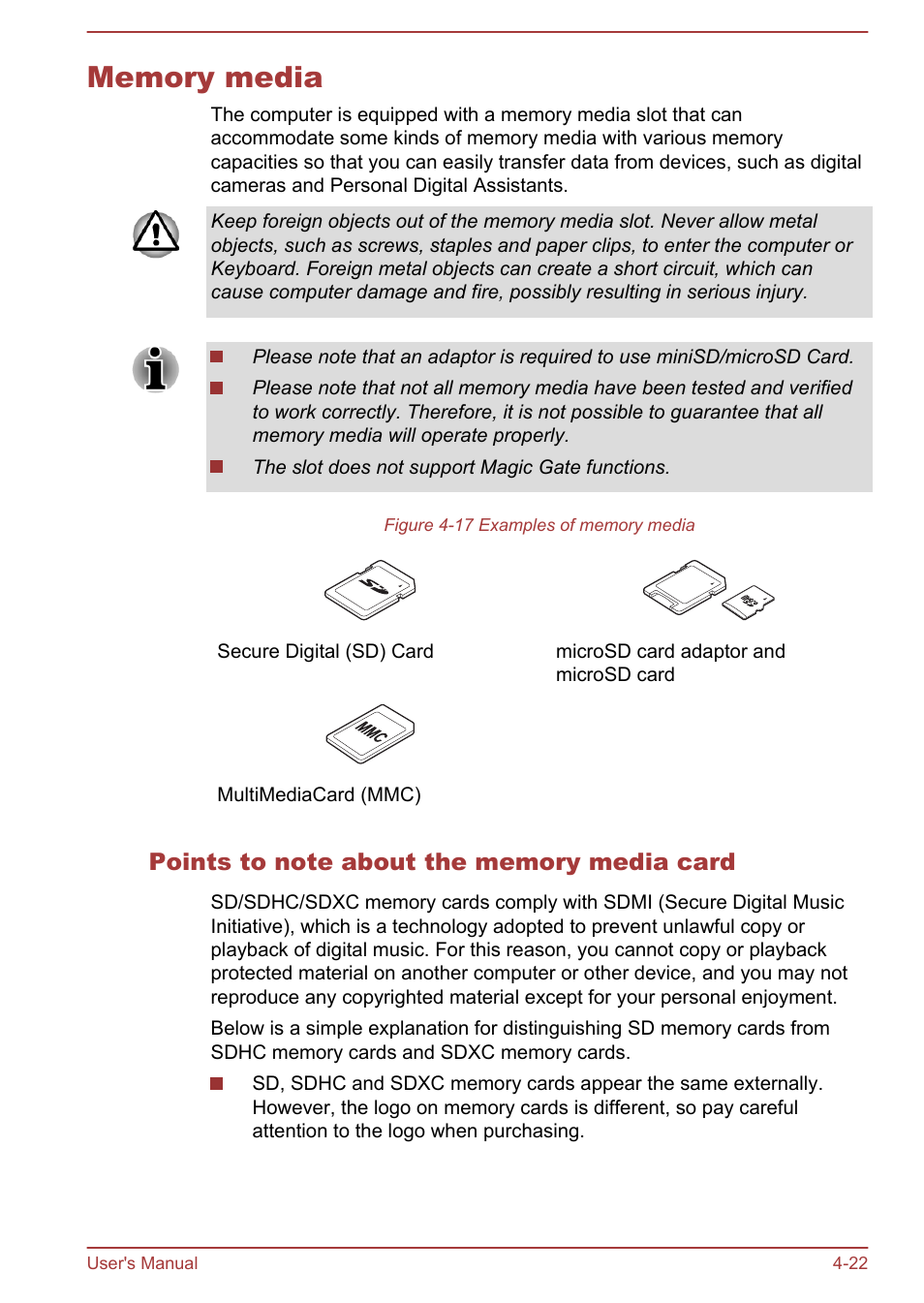 Memory media, Points to note about the memory media card, Memory media -22 | Toshiba WT310 User Manual | Page 71 / 131
