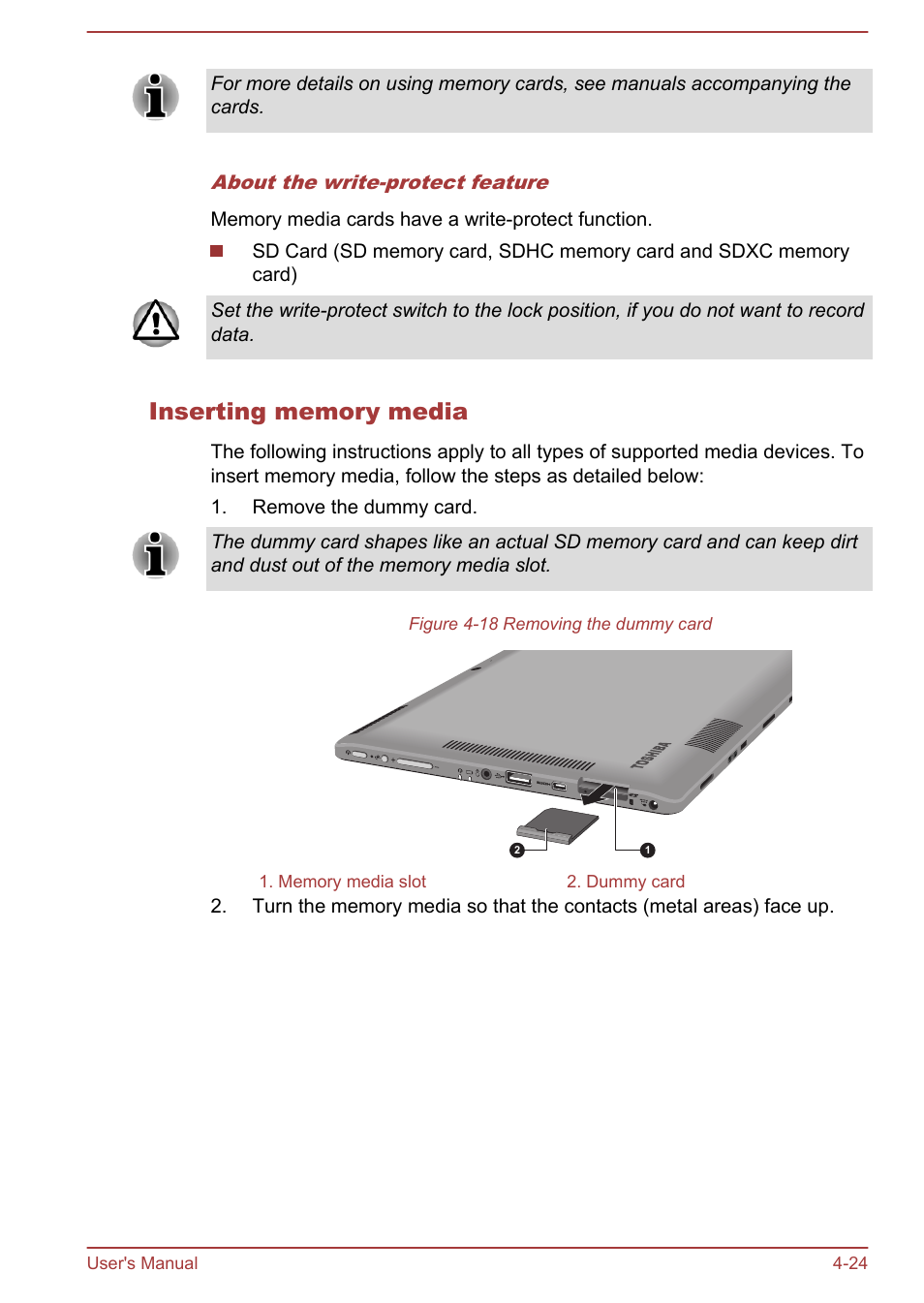 Inserting memory media | Toshiba WT310 User Manual | Page 73 / 131