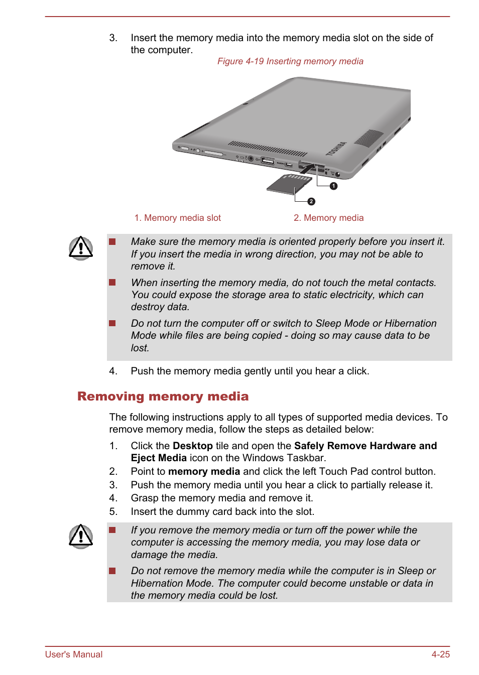 Removing memory media | Toshiba WT310 User Manual | Page 74 / 131