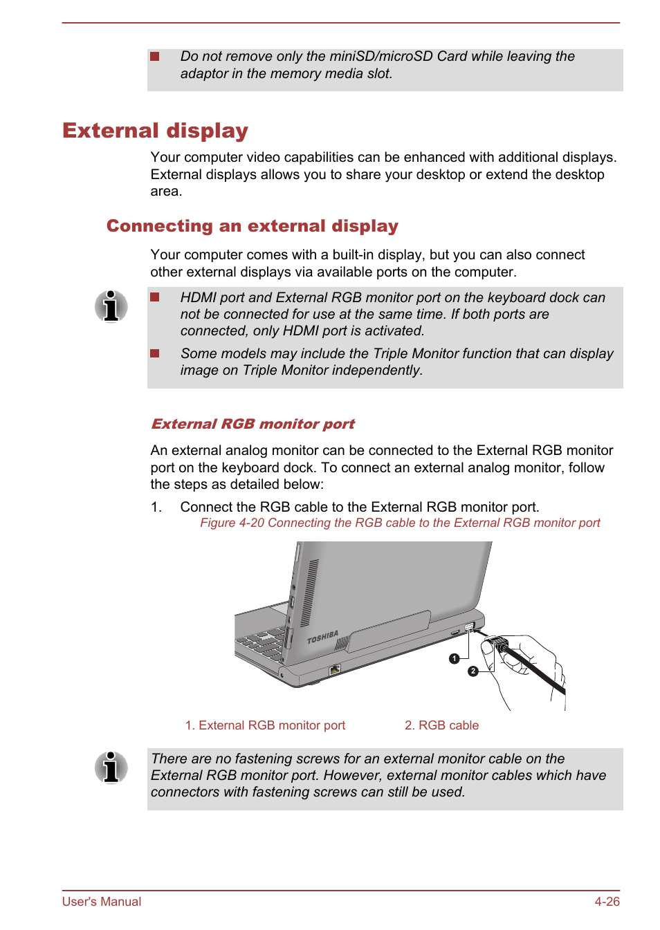 External display, Connecting an external display, External display -26 | Toshiba WT310 User Manual | Page 75 / 131