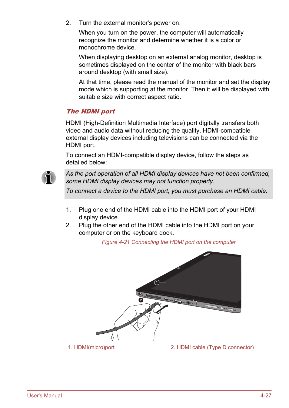 Hdmi port | Toshiba WT310 User Manual | Page 76 / 131