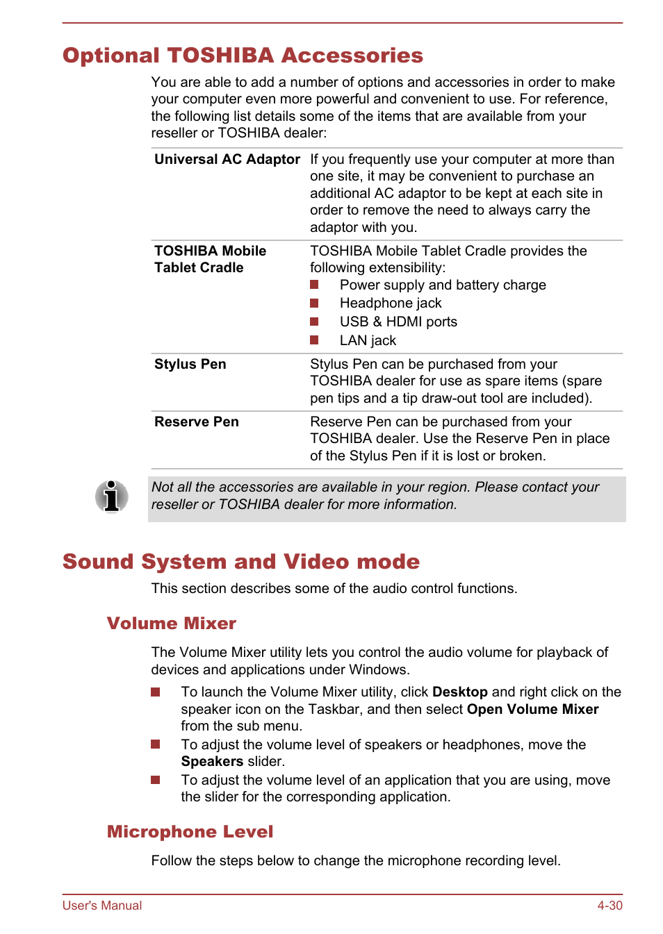 Optional toshiba accessories, Sound system and video mode, Volume mixer | Microphone level | Toshiba WT310 User Manual | Page 79 / 131