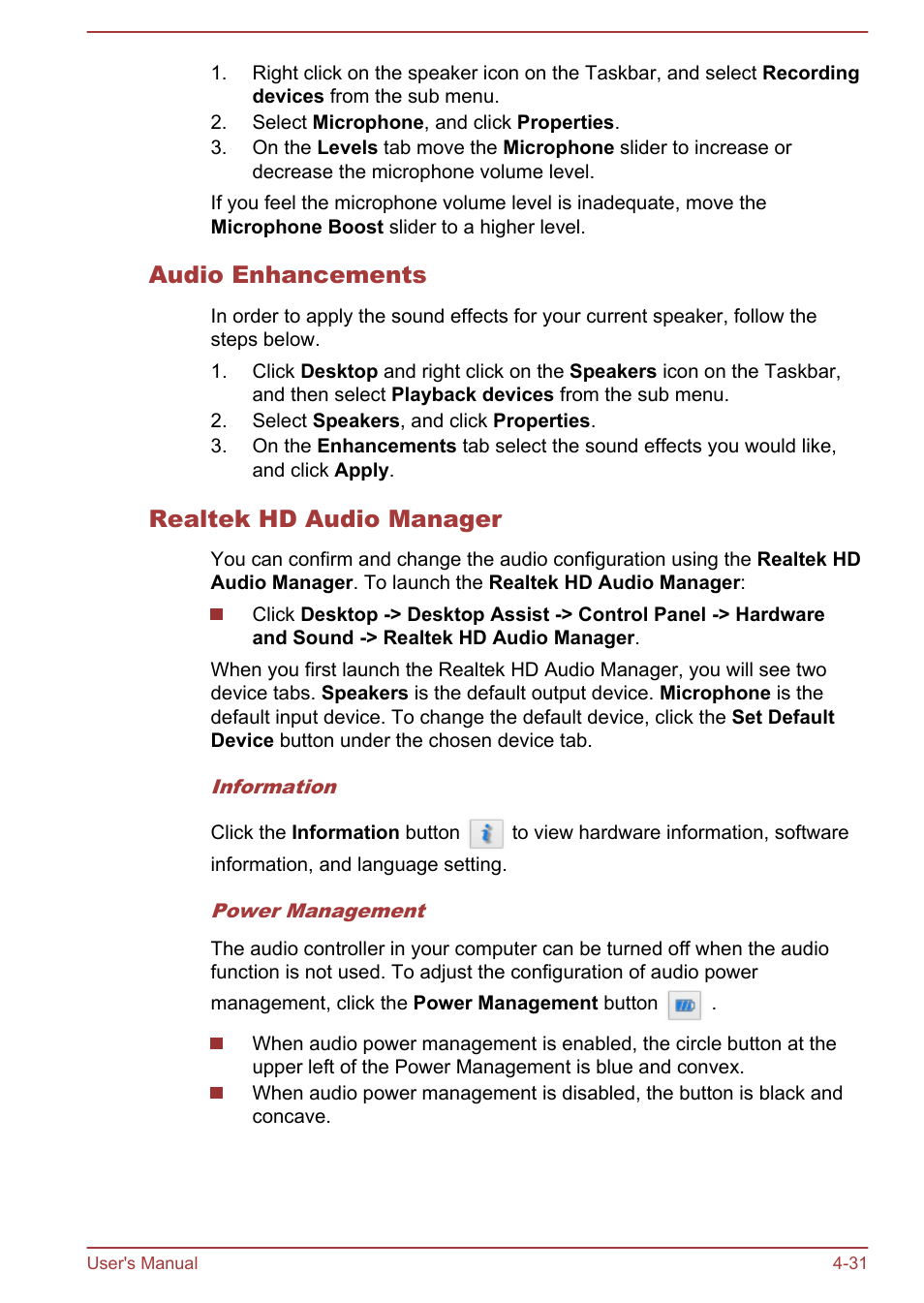 Audio enhancements, Realtek hd audio manager | Toshiba WT310 User Manual | Page 80 / 131