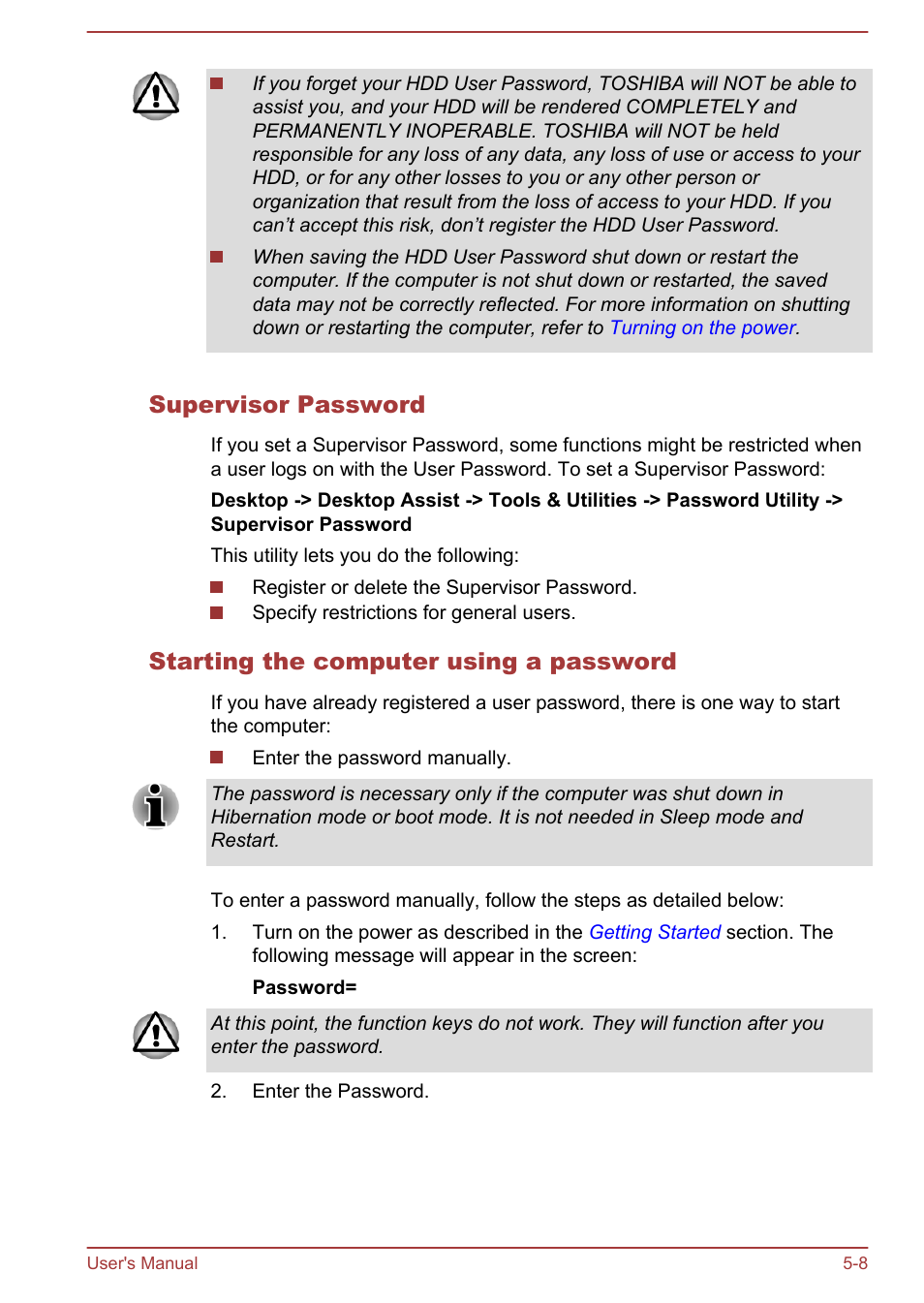 Supervisor password, Starting the computer using a password | Toshiba WT310 User Manual | Page 89 / 131