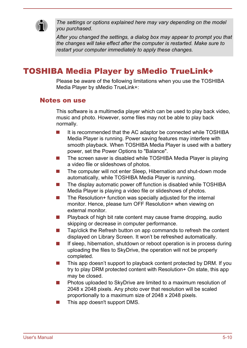 Toshiba media player by smedio truelink, Notes on use, Toshiba media player by smedio truelink+ -10 | Toshiba WT310 User Manual | Page 91 / 131