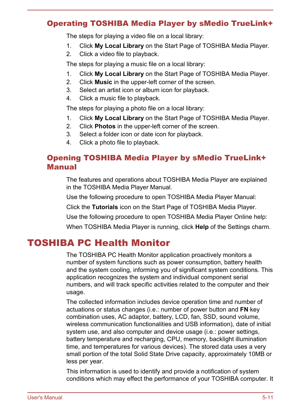 Operating toshiba media player by smedio truelink, Toshiba pc health monitor, Toshiba pc health monitor -11 | Toshiba WT310 User Manual | Page 92 / 131