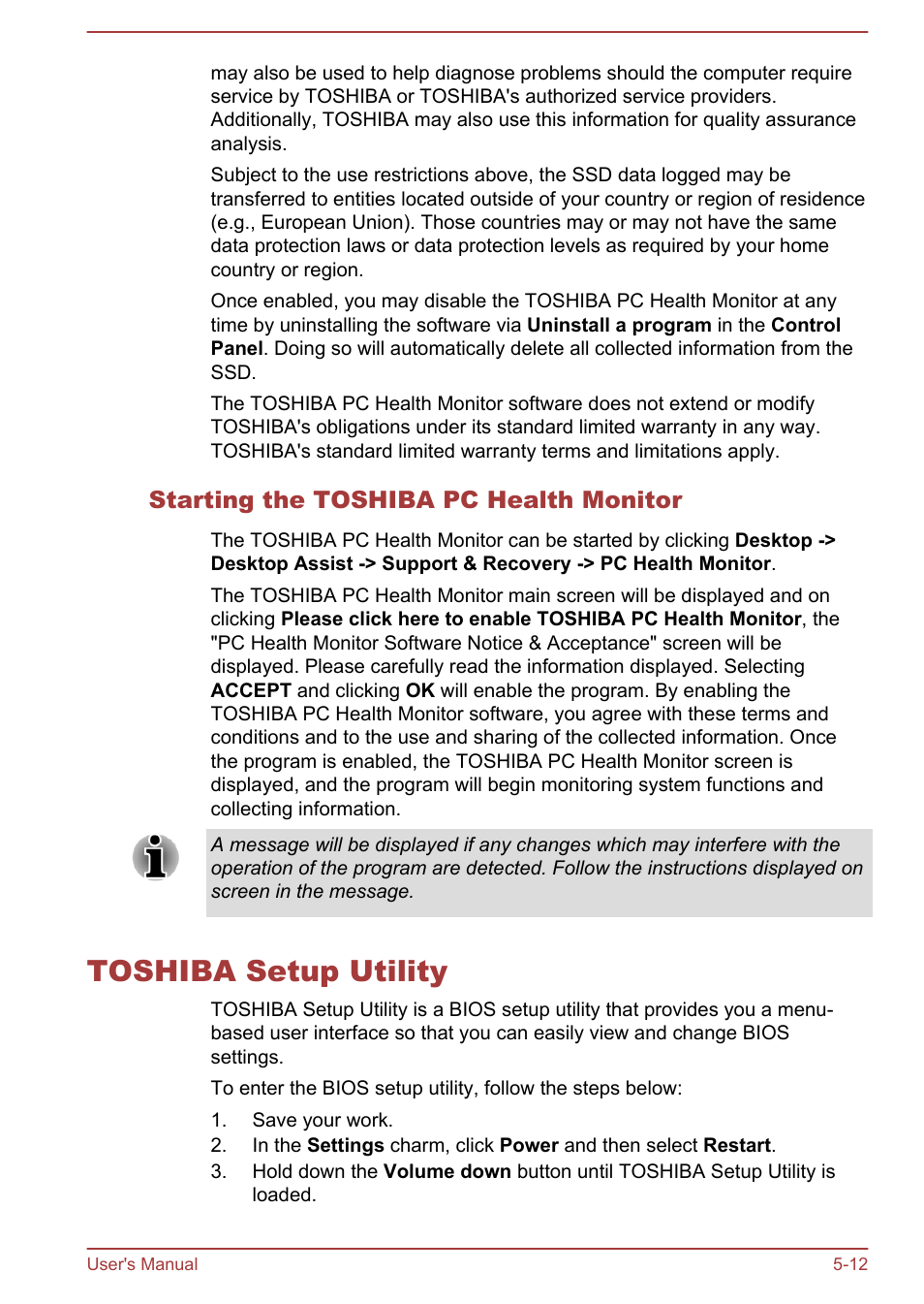 Starting the toshiba pc health monitor, Toshiba setup utility, Toshiba setup utility -12 | Toshiba WT310 User Manual | Page 93 / 131