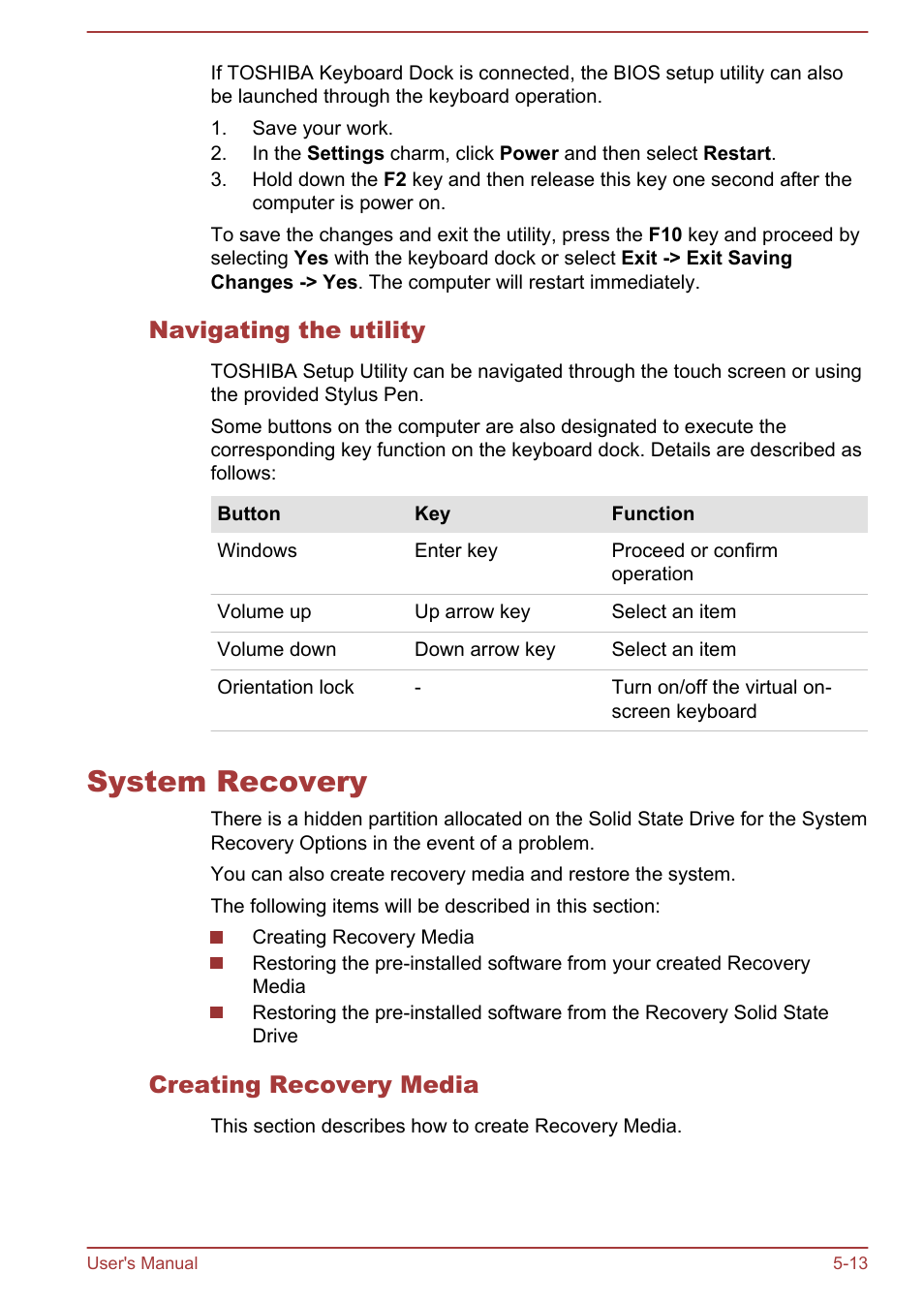 Navigating the utility, System recovery, Creating recovery media | System recovery -13 | Toshiba WT310 User Manual | Page 94 / 131