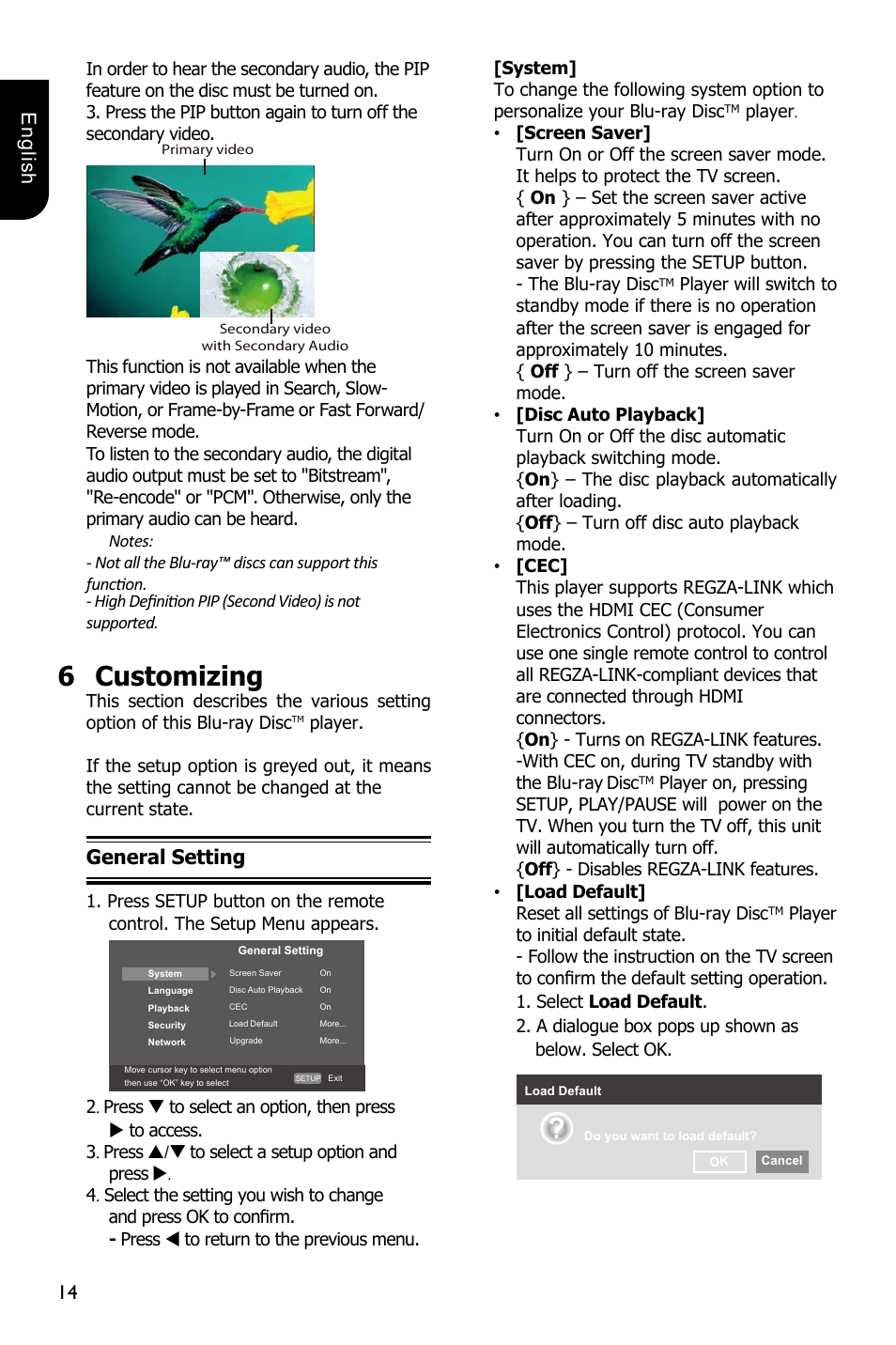 6customizing, 14 english, General setting | Toshiba BDX2250 User Manual | Page 14 / 56