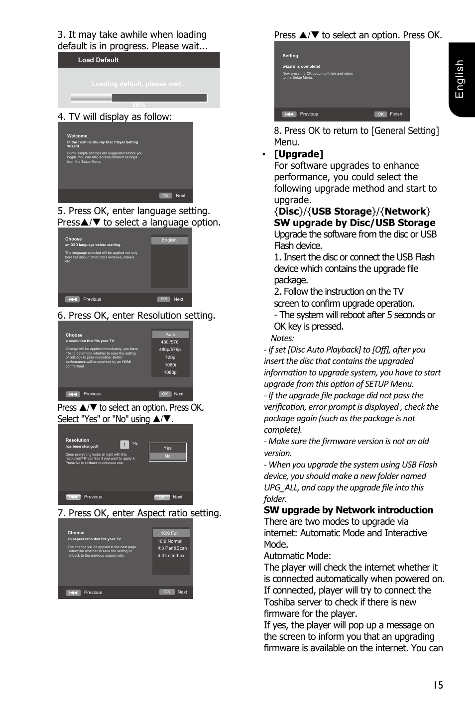 15 english, Tv will display as follow, Press ok, enter resolution setting | Press ok, enter aspect ratio setting, Press / to select an option. press ok | Toshiba BDX2250 User Manual | Page 15 / 56