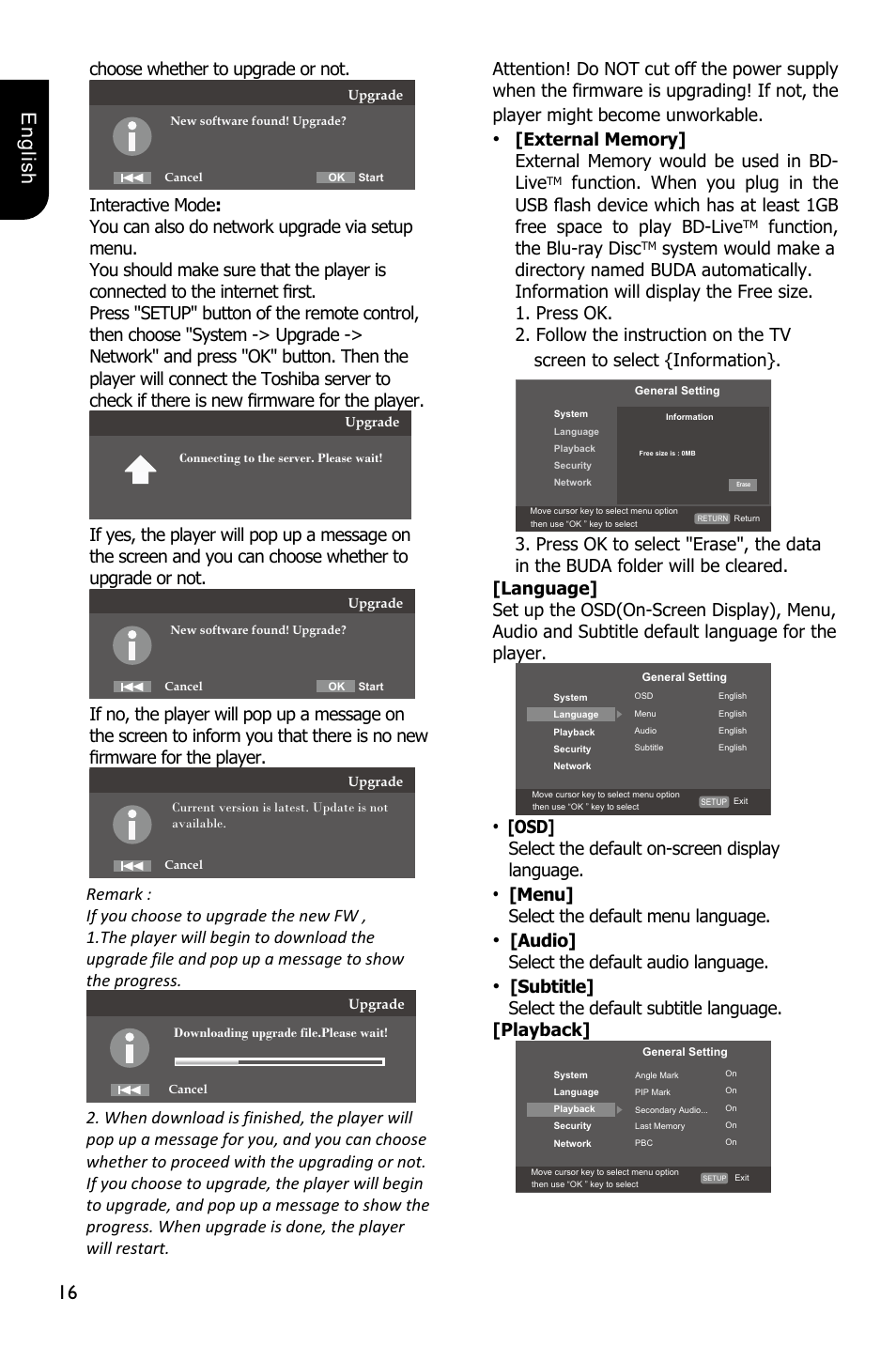 16 english, Choose whether to upgrade or not, Function, the blu-ray disc | Osd] select the default on-screen display language, Menu] select the default menu language, Audio] select the default audio language | Toshiba BDX2250 User Manual | Page 16 / 56