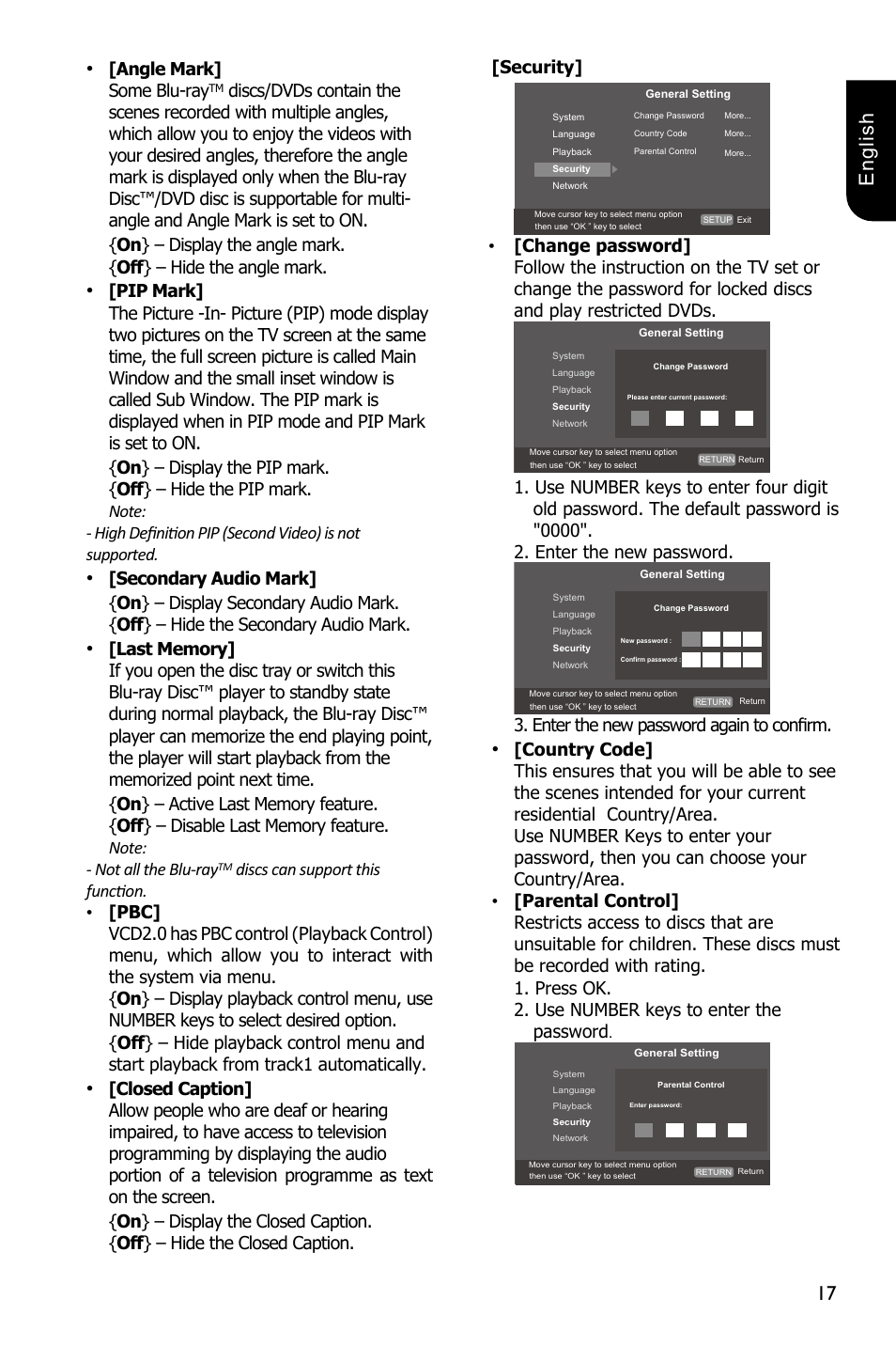 17 english, Angle mark] some blu-ray, Enter the new password again to confirm | Toshiba BDX2250 User Manual | Page 17 / 56