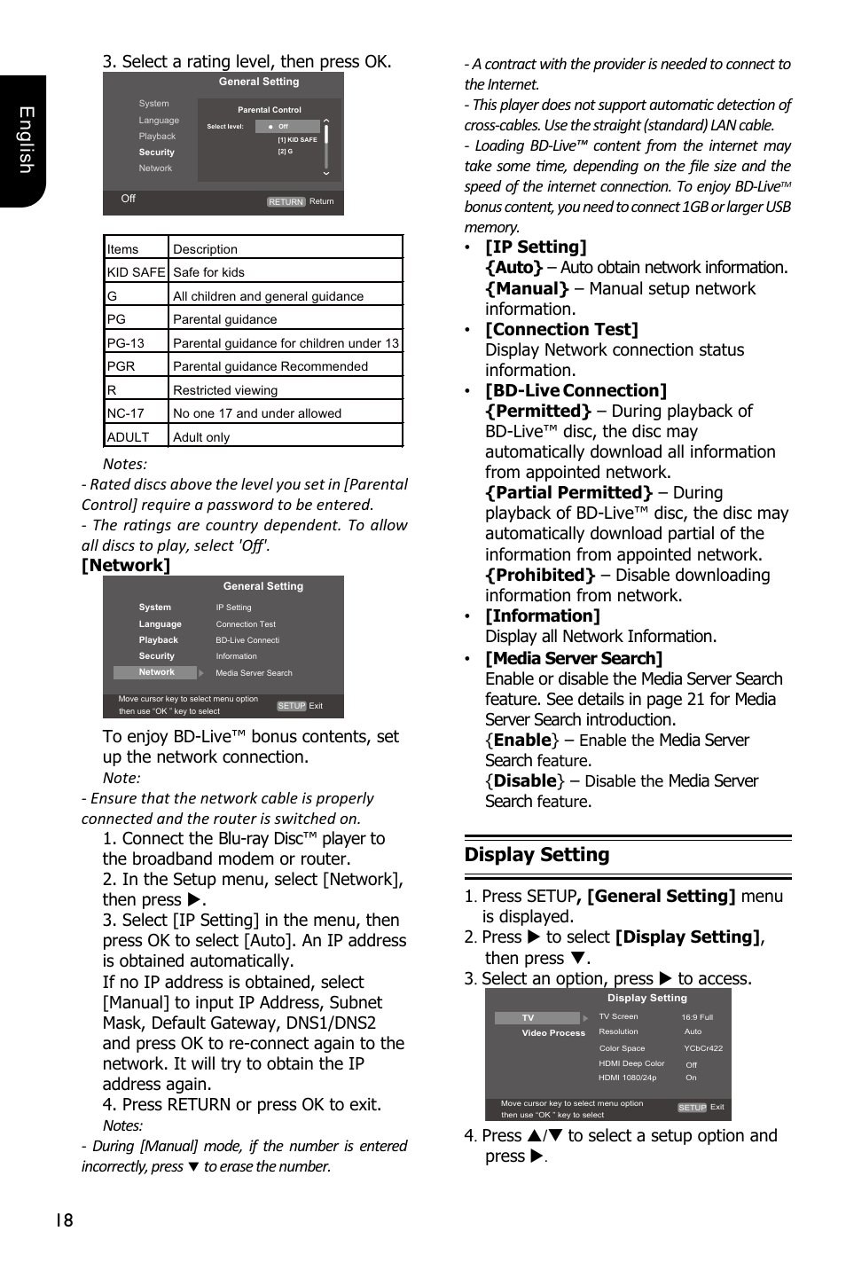 18 english, Display setting, Select a rating level, then press ok | Media server search, Disable, Press / to select a setup option and press | Toshiba BDX2250 User Manual | Page 18 / 56