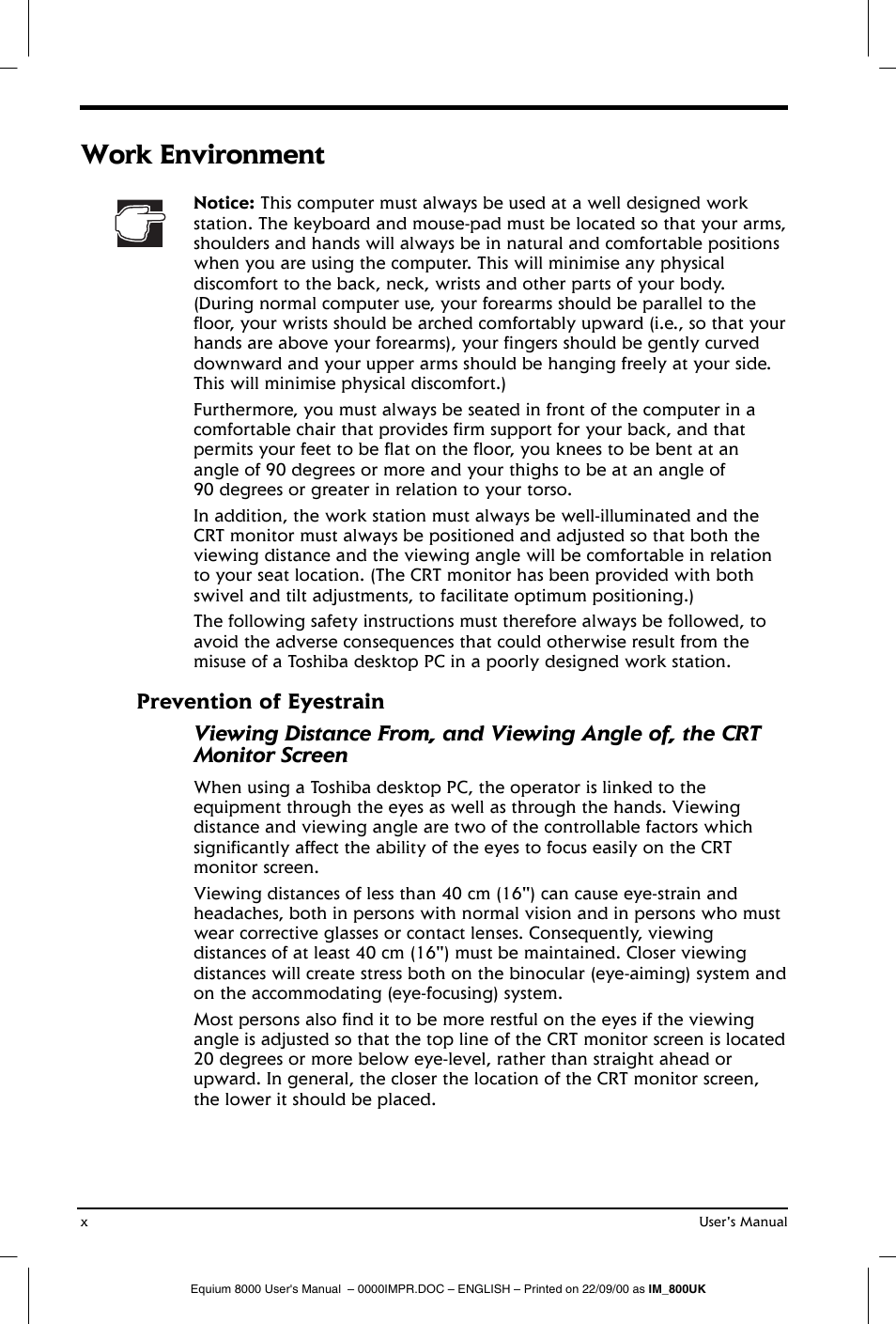 Work environment | Toshiba Equium 8000 S-D User Manual | Page 10 / 80