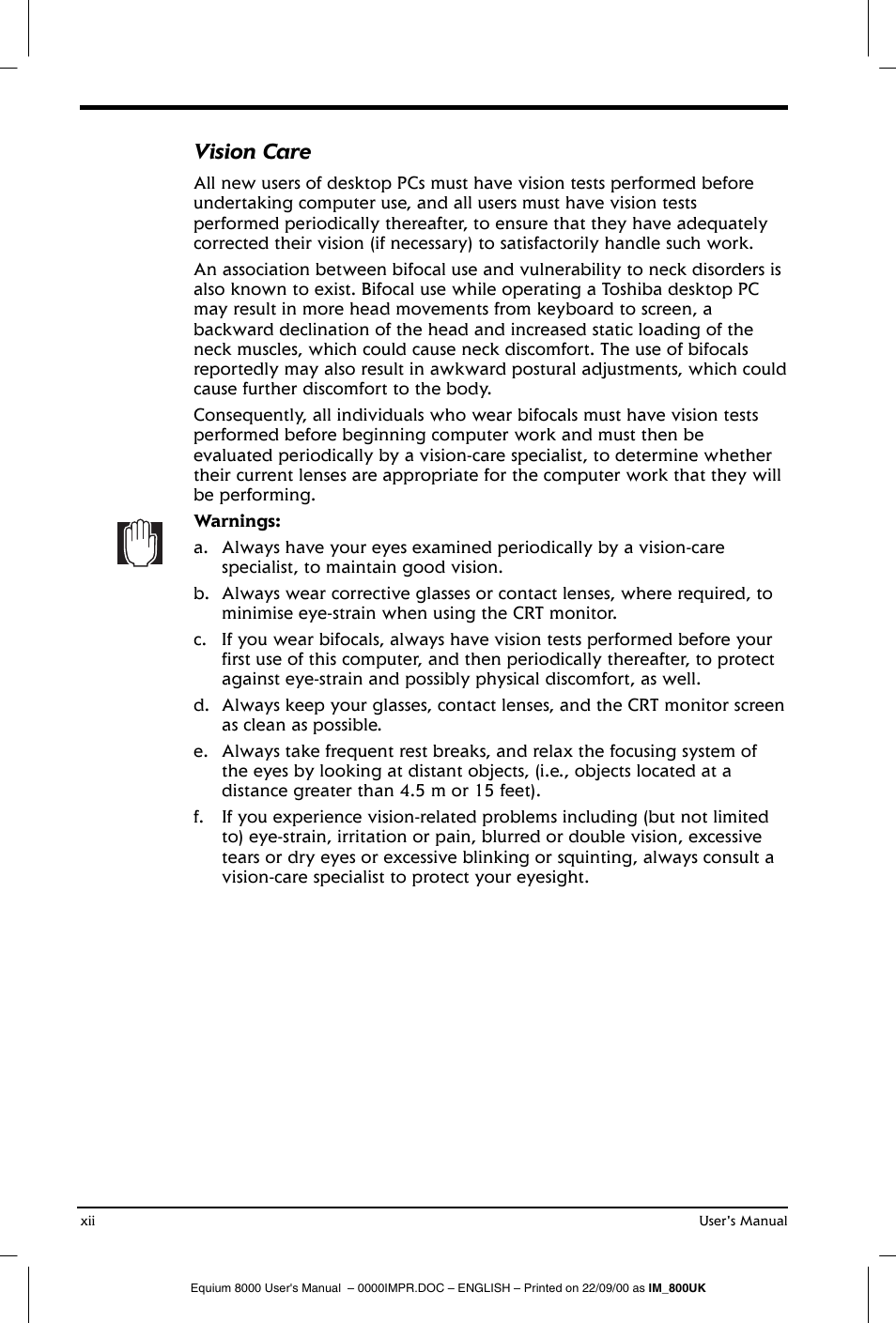 Vision care | Toshiba Equium 8000 S-D User Manual | Page 12 / 80