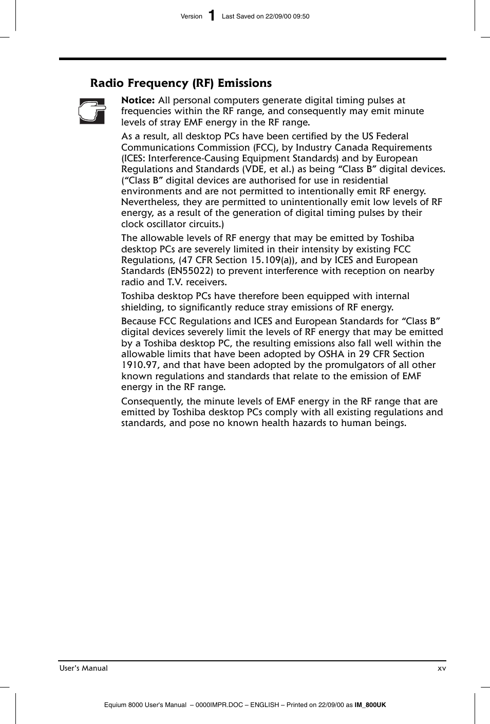 Radio frequency (rf) emissions | Toshiba Equium 8000 S-D User Manual | Page 15 / 80