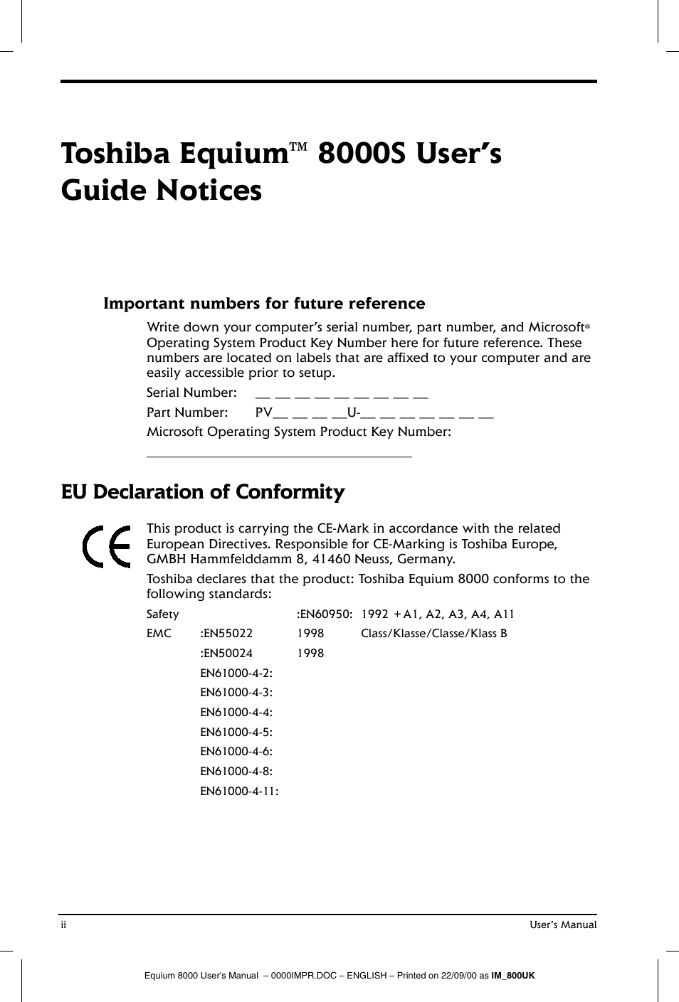 Toshiba equium™ 8000s user’s guide notices, Eu declaration of conformity, Important numbers for future reference | Toshiba Equium 8000 S-D User Manual | Page 2 / 80