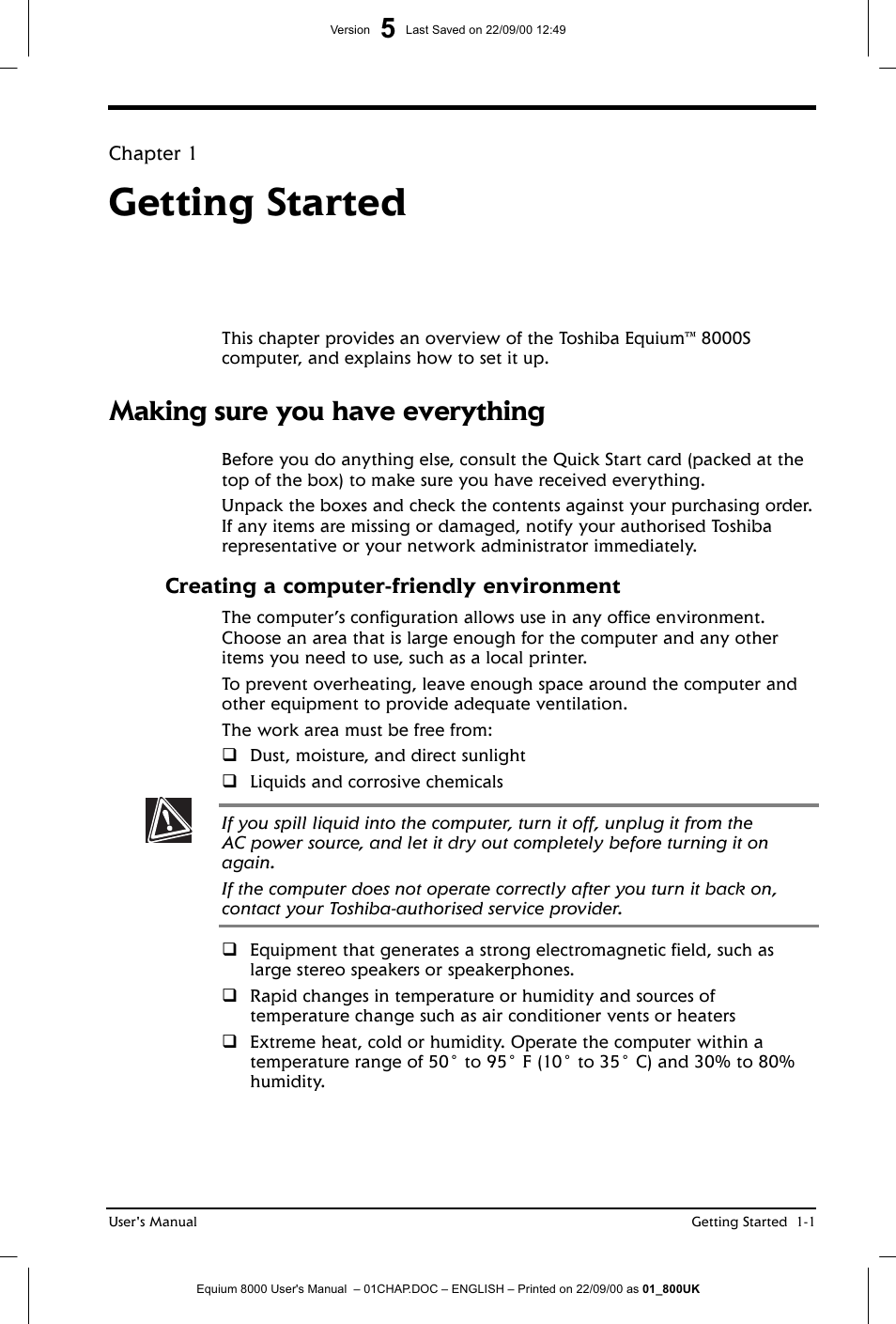 Getting started, Making sure you have everything | Toshiba Equium 8000 S-D User Manual | Page 22 / 80