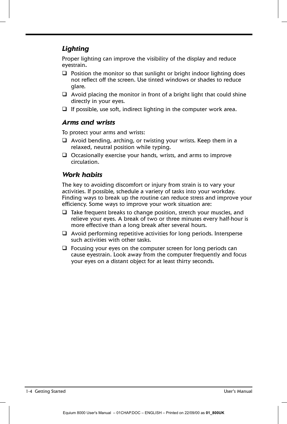 Lighting, Arms and wrists, Work habits | Toshiba Equium 8000 S-D User Manual | Page 25 / 80