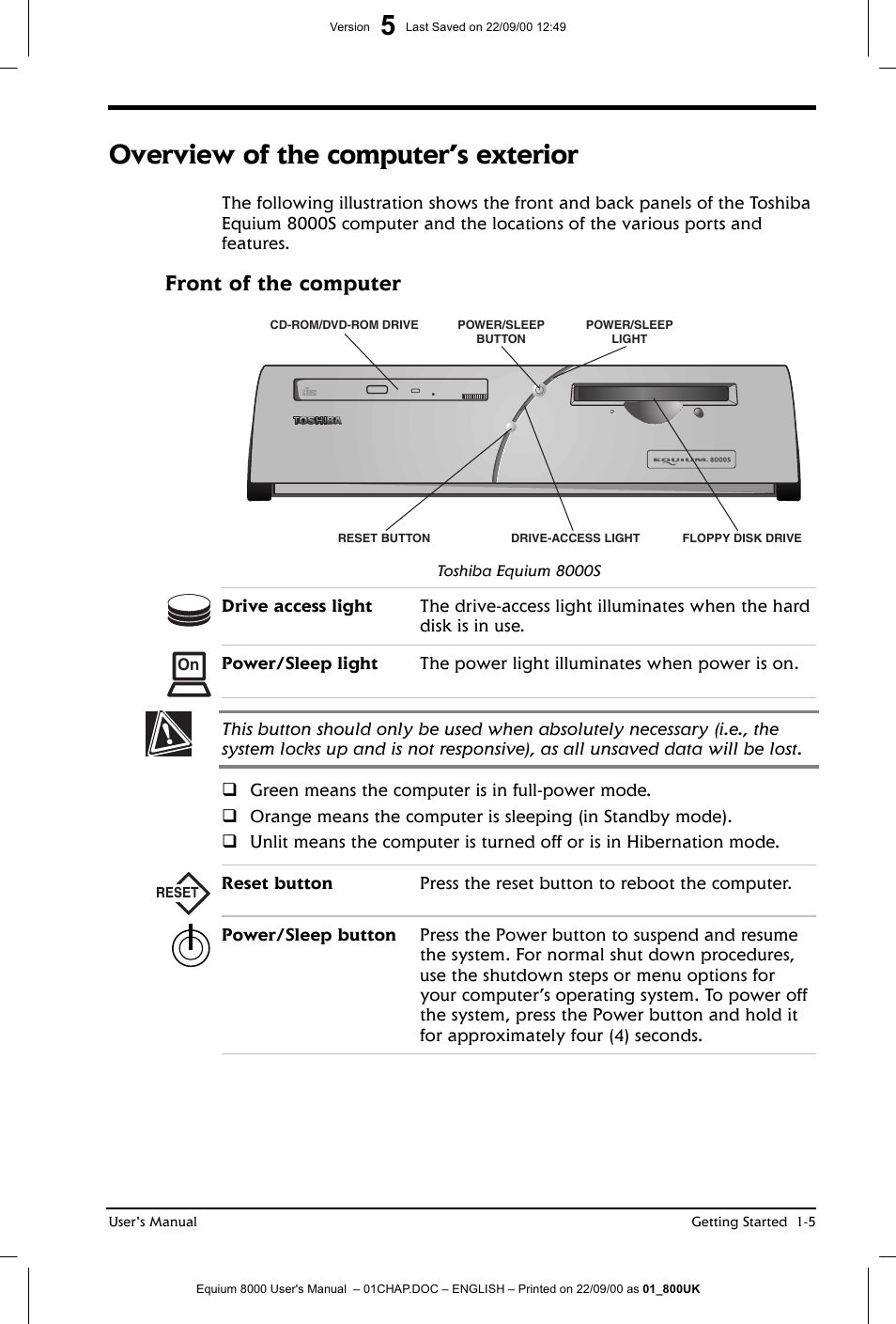 Overview of the computer’s exterior, Front of the computer | Toshiba Equium 8000 S-D User Manual | Page 26 / 80