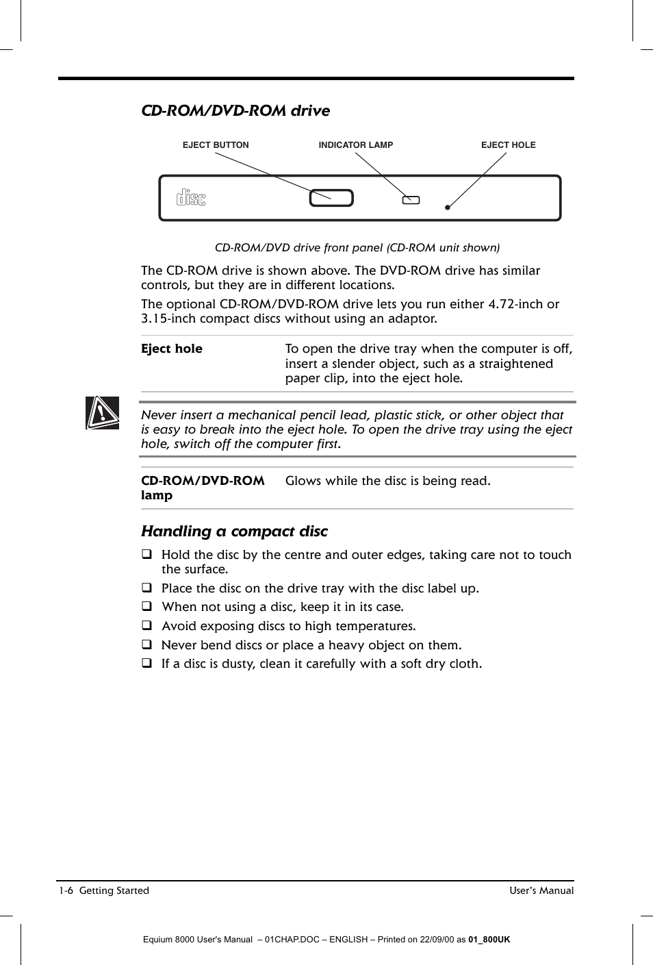 Cd-rom/dvd-rom drive, Handling a compact disc | Toshiba Equium 8000 S-D User Manual | Page 27 / 80