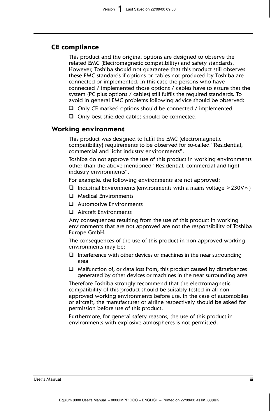 Ce compliance, Working environment | Toshiba Equium 8000 S-D User Manual | Page 3 / 80