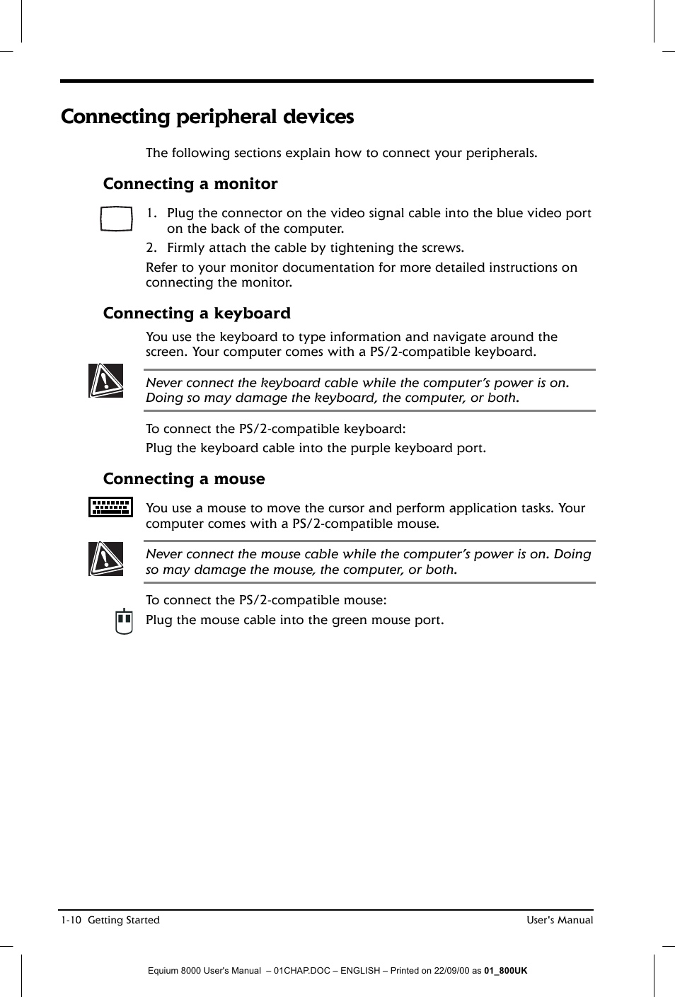 Connecting peripheral devices, Connecting a monitor, Connecting a keyboard | Connecting a mouse | Toshiba Equium 8000 S-D User Manual | Page 31 / 80