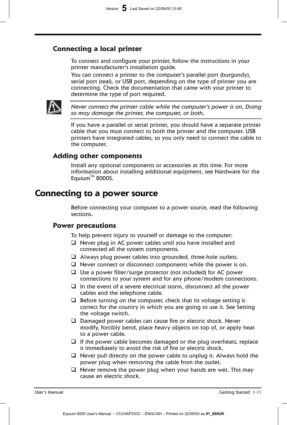 Connecting to a power source, Connecting a local printer, Adding other components | Power precautions | Toshiba Equium 8000 S-D User Manual | Page 32 / 80