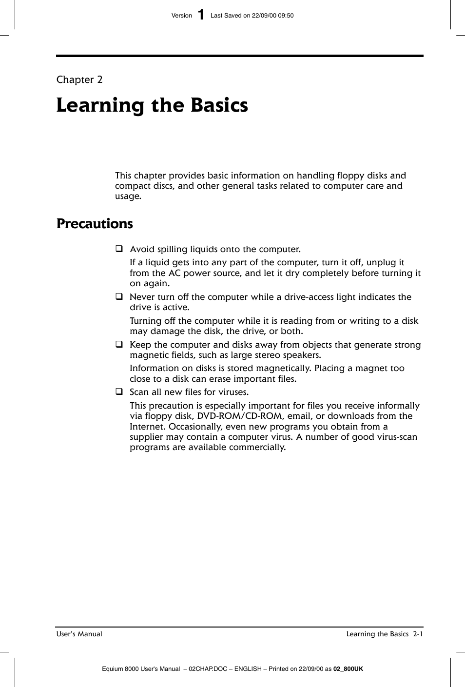 Learning the basics, Precautions | Toshiba Equium 8000 S-D User Manual | Page 36 / 80