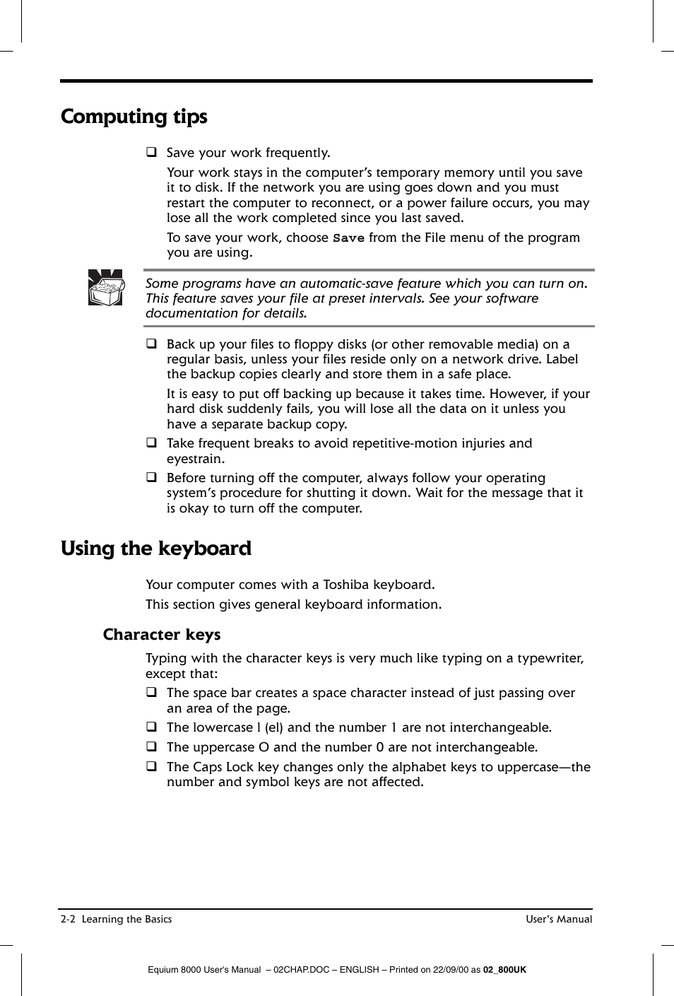 Computing tips, Using the keyboard, Character keys | Toshiba Equium 8000 S-D User Manual | Page 37 / 80