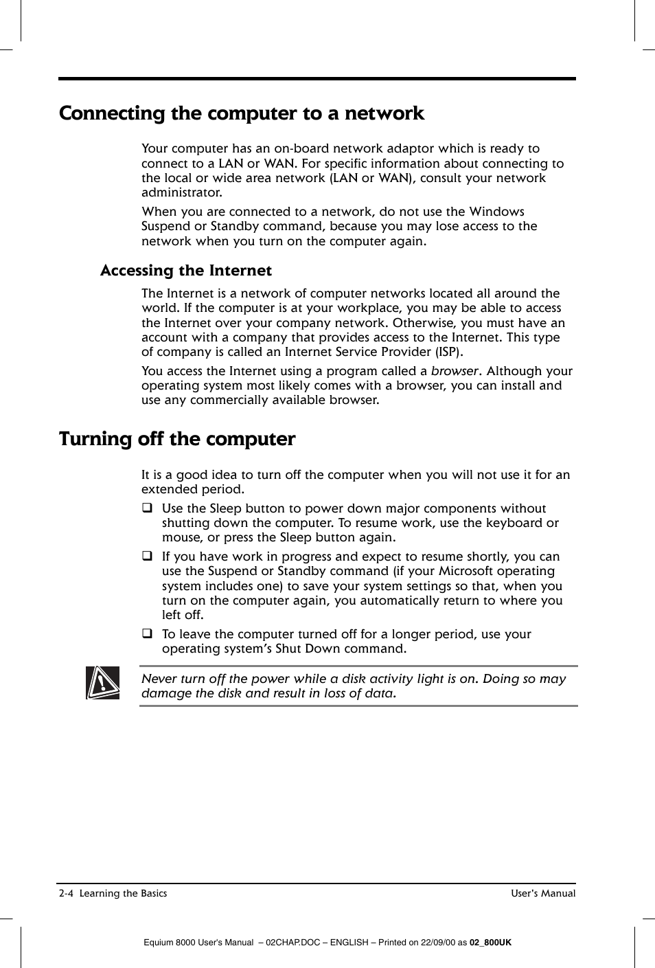 Connecting the computer to a network, Turning off the computer, Accessing the internet | Toshiba Equium 8000 S-D User Manual | Page 39 / 80