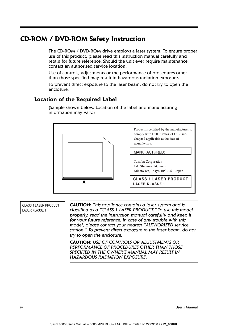 Cd-rom / dvd-rom safety instruction, Location of the required label | Toshiba Equium 8000 S-D User Manual | Page 4 / 80