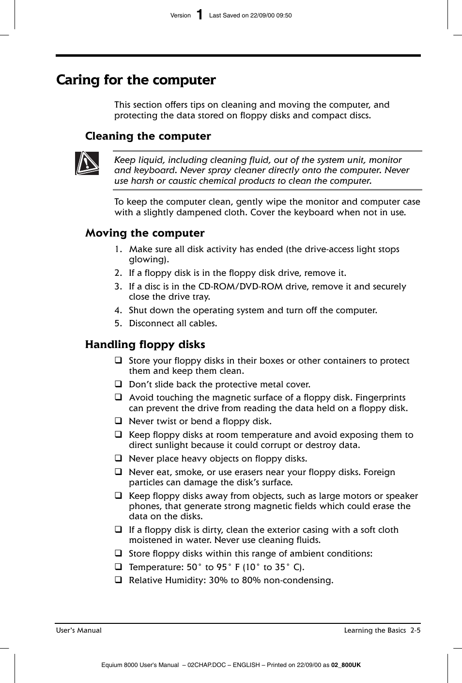 Caring for the computer, Cleaning the computer, Moving the computer | Handling floppy disks | Toshiba Equium 8000 S-D User Manual | Page 40 / 80