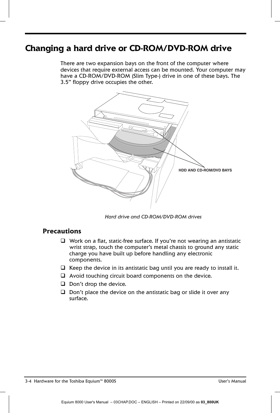 Changing a hard drive or cd-rom/dvd-rom drive, Precautions | Toshiba Equium 8000 S-D User Manual | Page 45 / 80